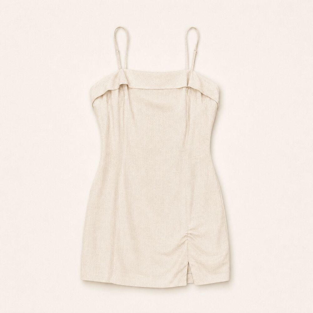 Monteau Los Angeles Rayon Linen Mini Dress Ivory Ruched Slit Size M NWT